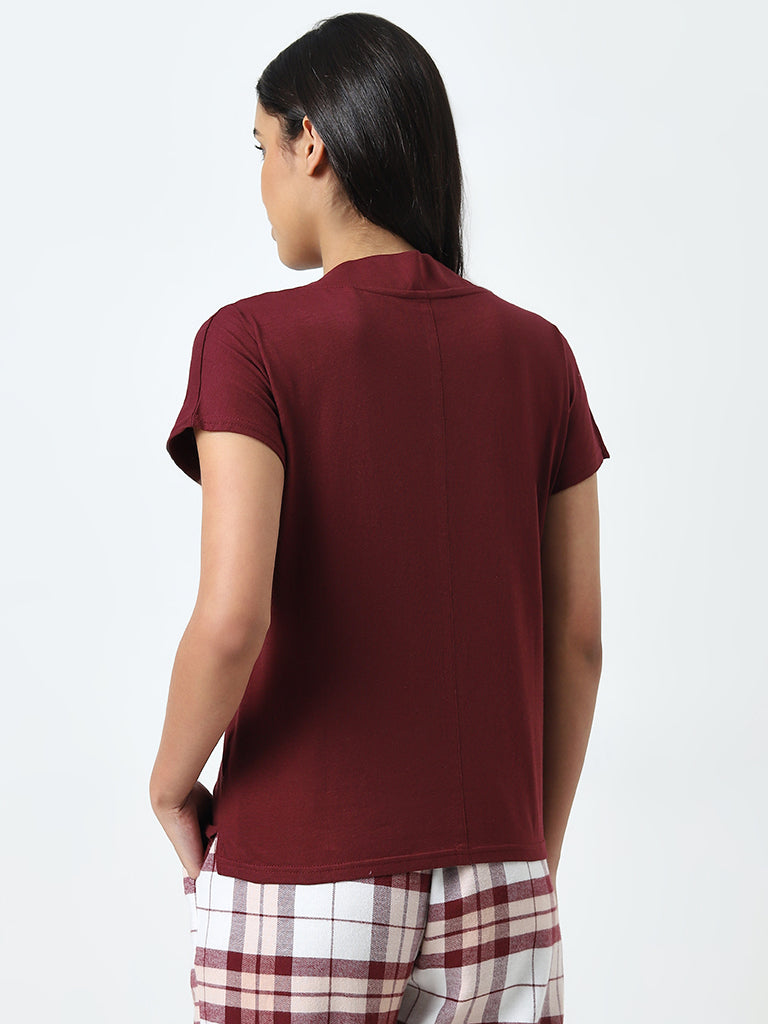 Wunderlove Burgundy V-Neck Cotton Blend Top