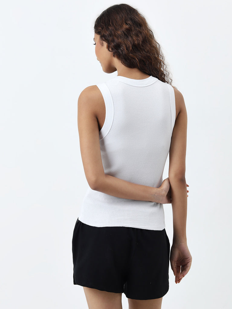 Superstar White Ribbed Cotton Blend Tank Top