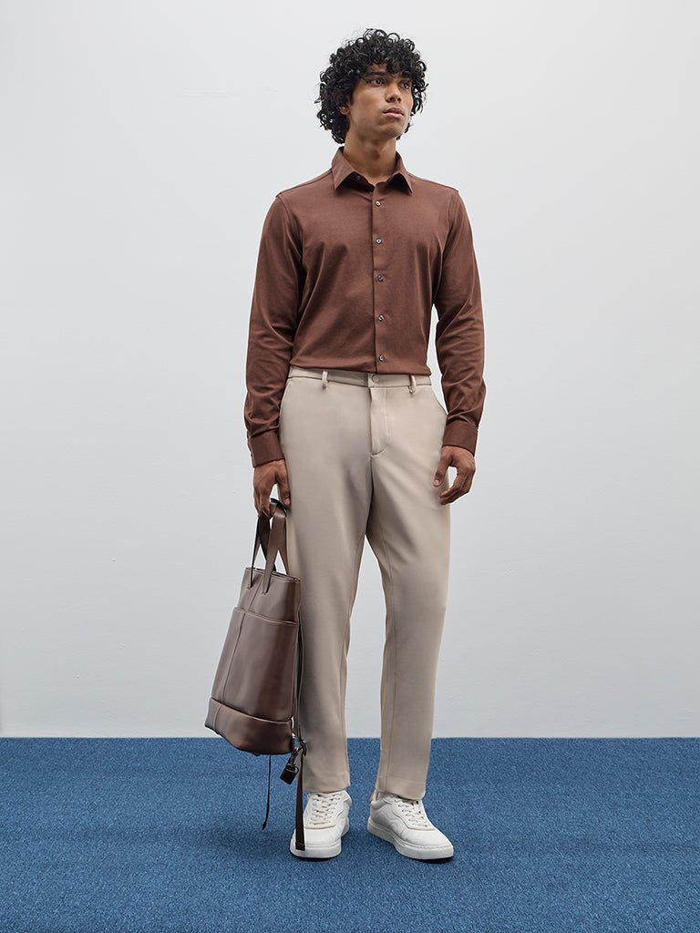 WES Formals Light Beige Solid Relaxed Mid-Rise Trousers