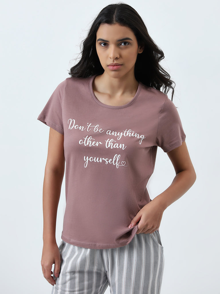 Wunderlove Dusty Pink Text Printed Cotton T-Shirt