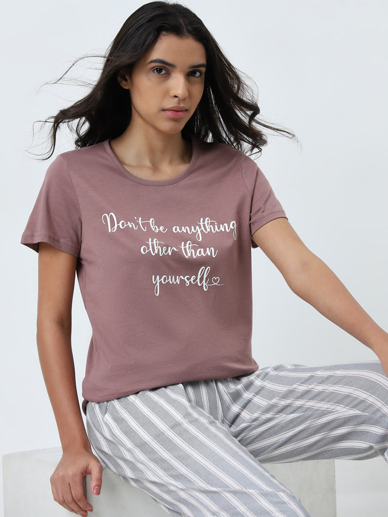 Wunderlove Dusty Pink Text Printed Cotton T-Shirt