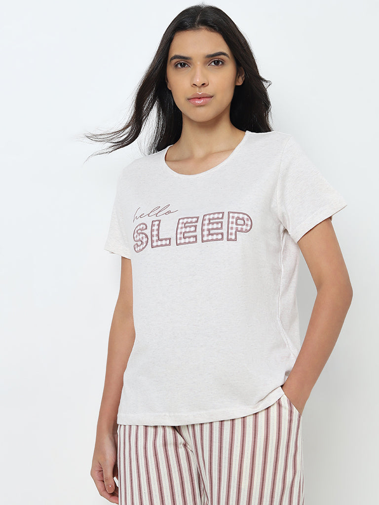 Wunderlove Off-White Text Printed Lounge Top