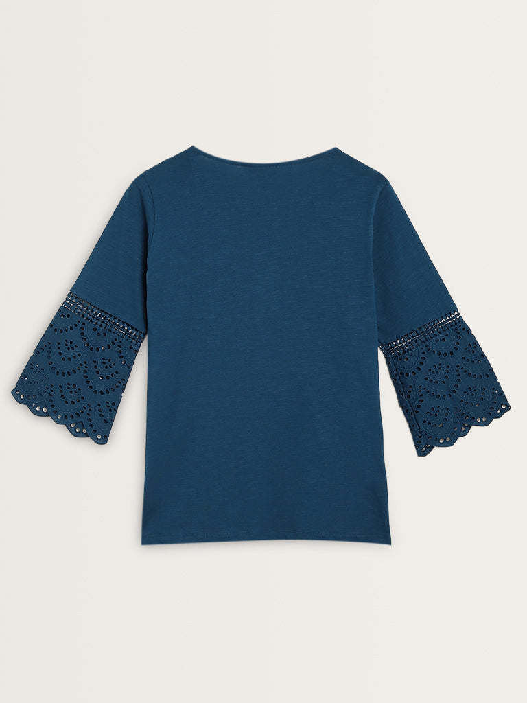 Gia Dark Blue Schiffli Design Cotton Blouse