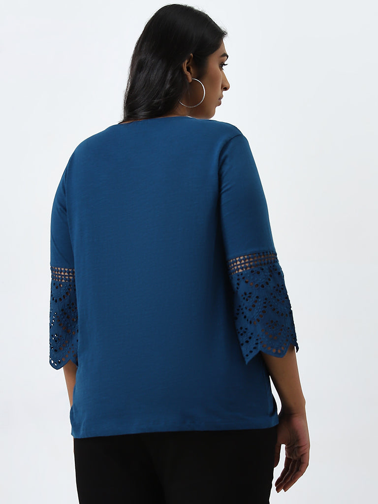 Gia Dark Blue Schiffli Design Cotton Blouse