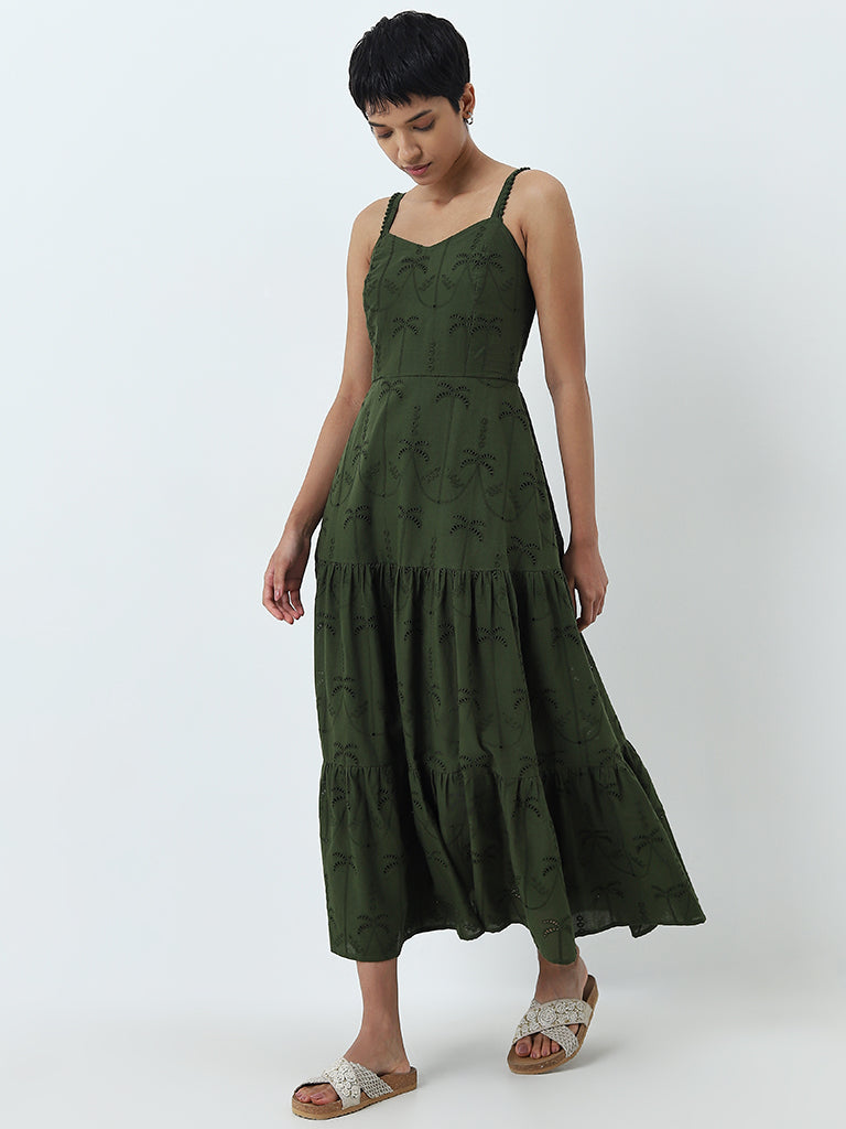 LOV Green Schiffli Design Tiered Cotton Dress