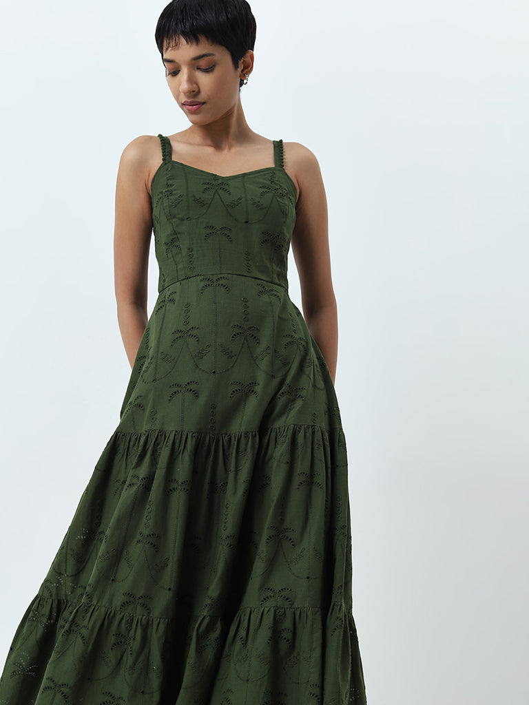 LOV Green Schiffli Design Tiered Cotton Dress