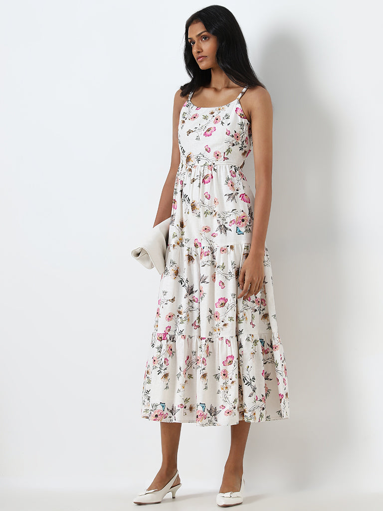 LOV White Floral Printed Linen Blend Tiered Dress