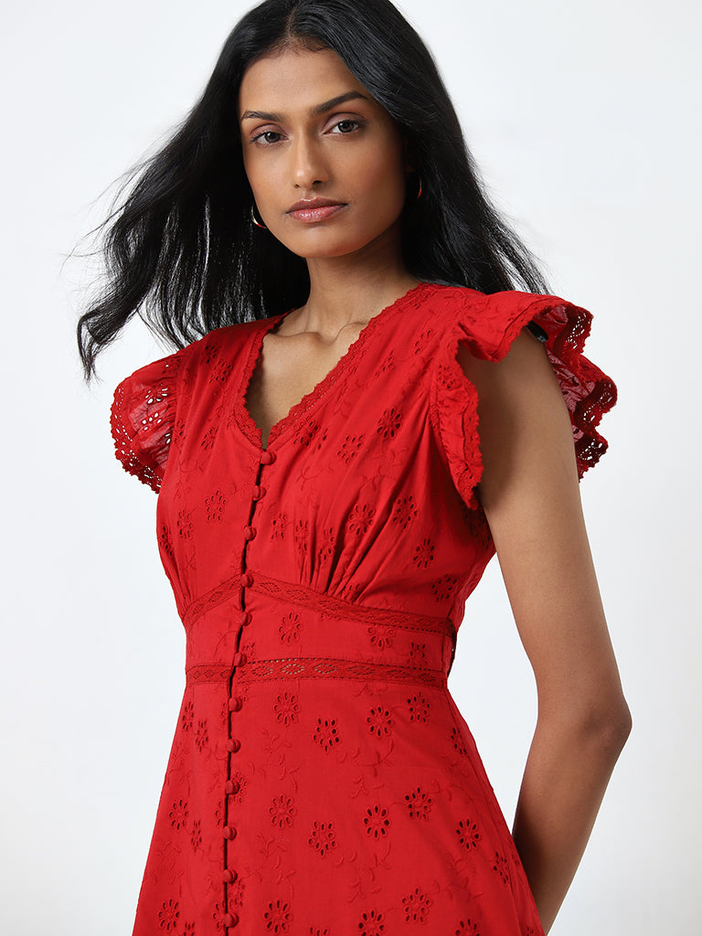 LOV Red Schiffli Design A-Line Cotton Dress