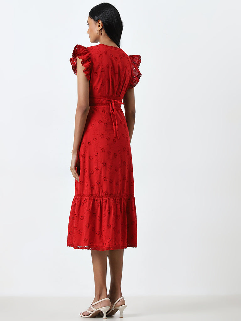 LOV Red Schiffli Design A-Line Cotton Dress