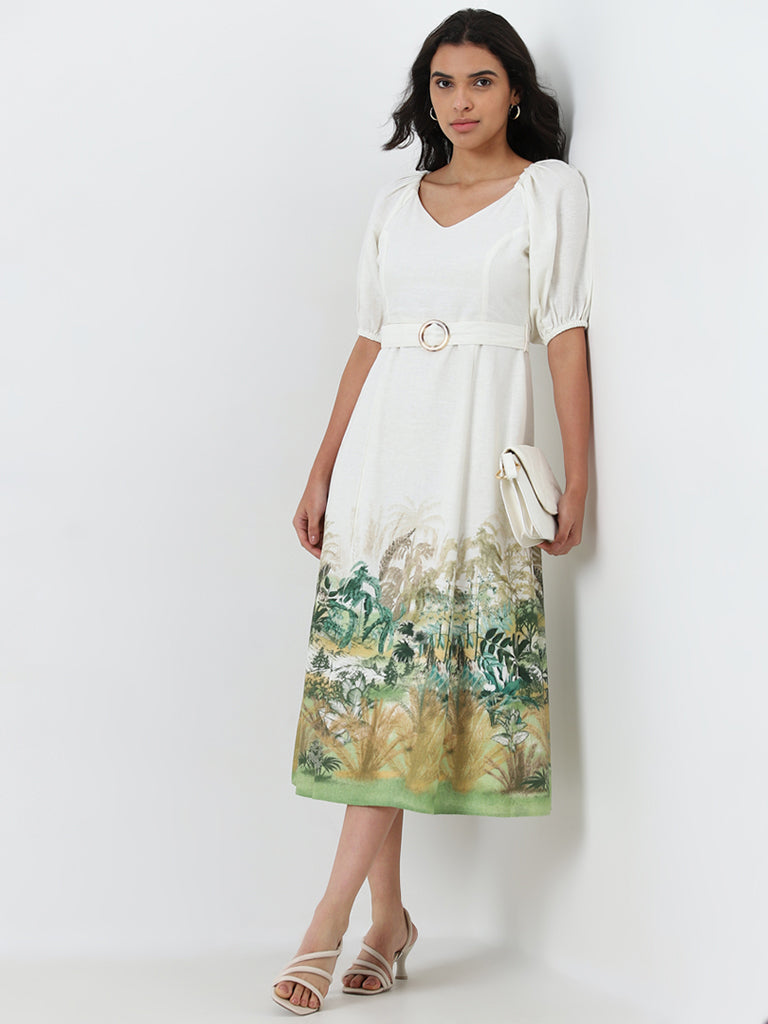 LOV Off-White Printed Blended Linen A-Line Dress with Belt