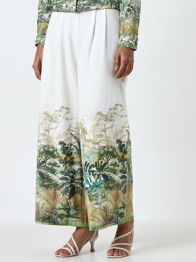 LOV Off-White Printed High-Rise Blended Linen Palazzos