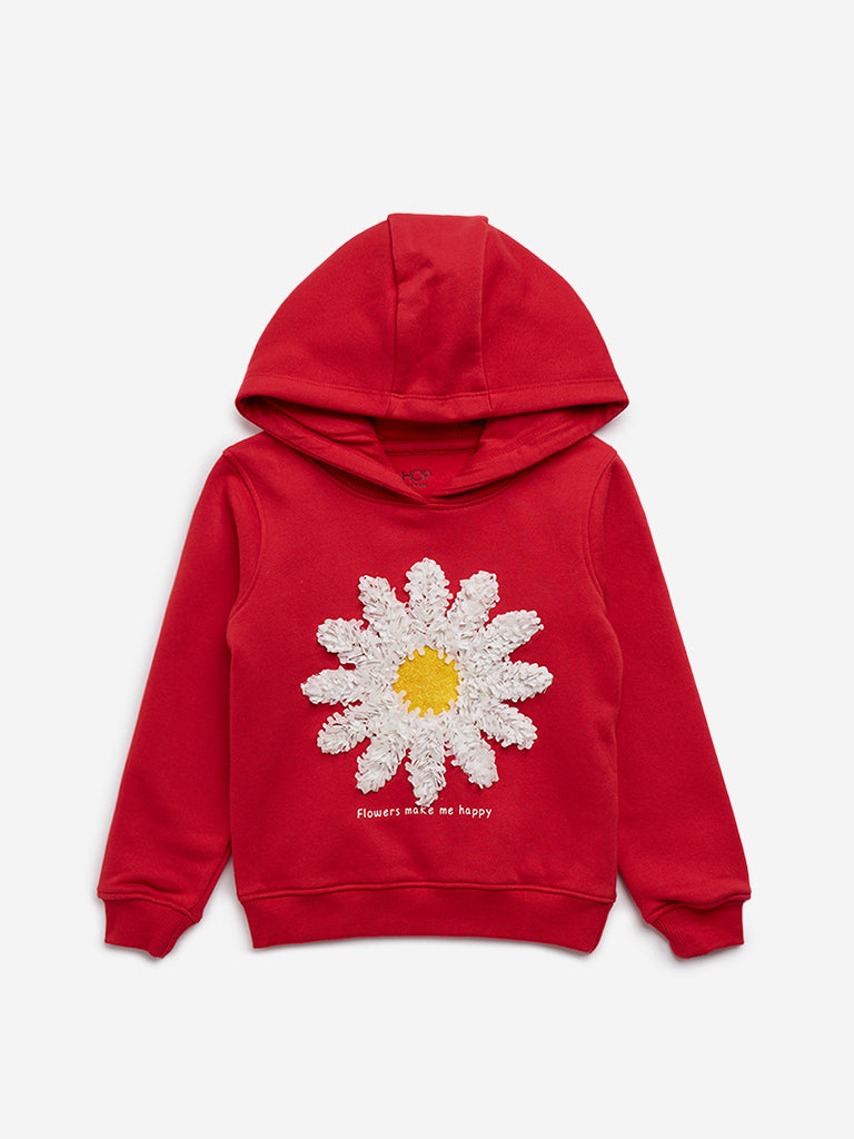 HOP Kids Red Flower Design Cotton Blend Hoodie