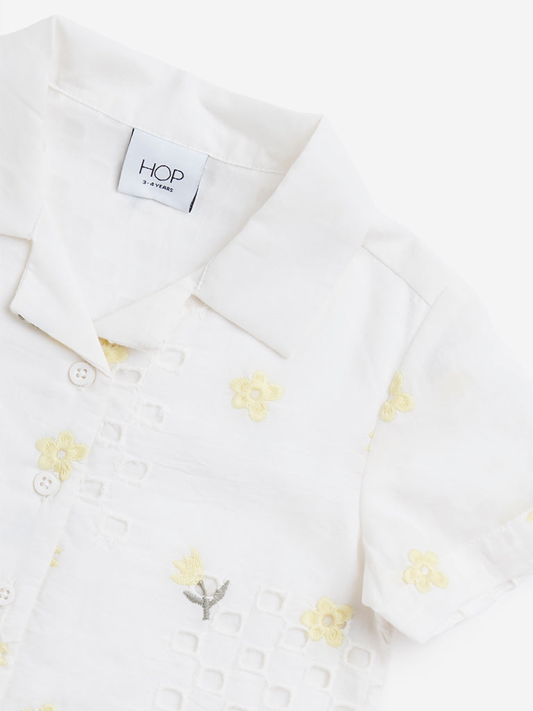 HOP Kids Off-White Floral Embroidered Cut-Out Cotton Shirt