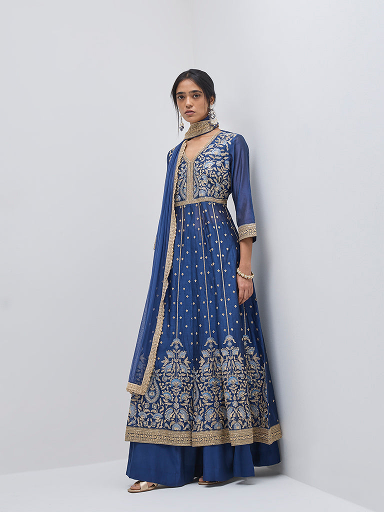 Vark Blue Embroidered Kurta, Skirt and Dupatta Set