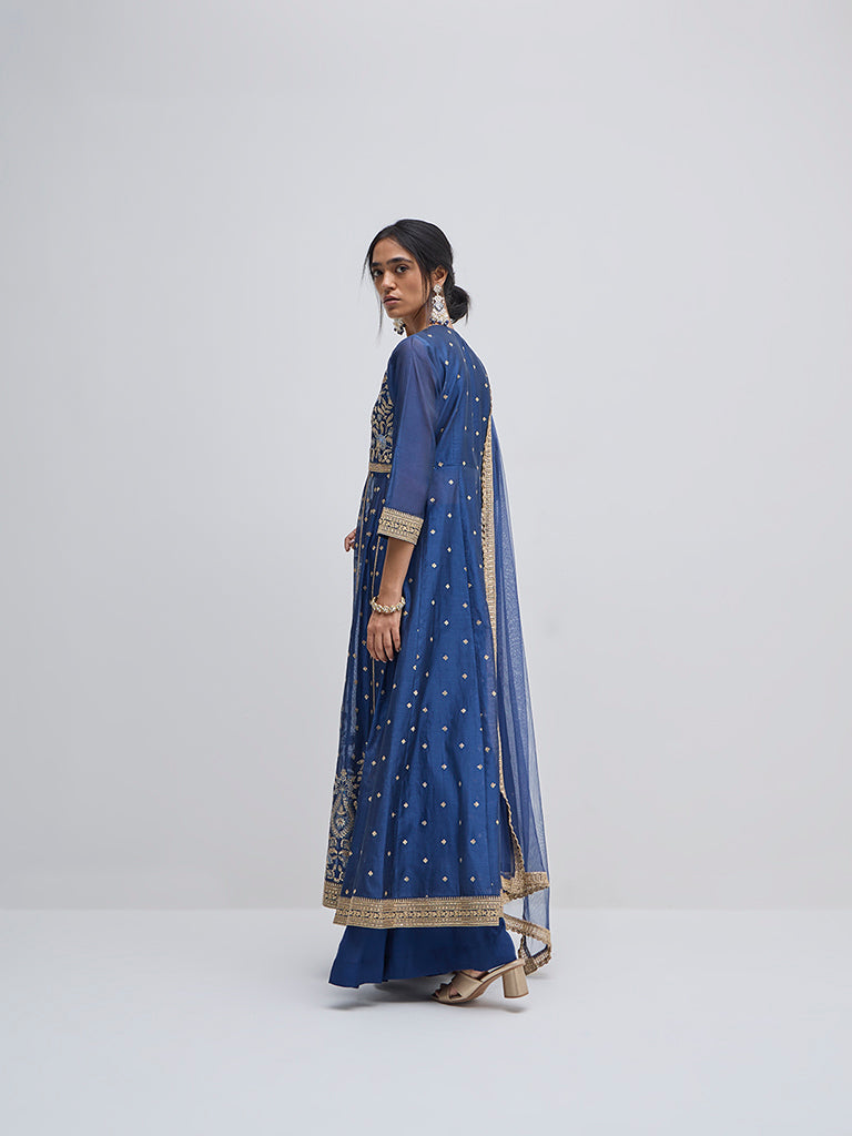 Vark Blue Embroidered Kurta, Skirt and Dupatta Set