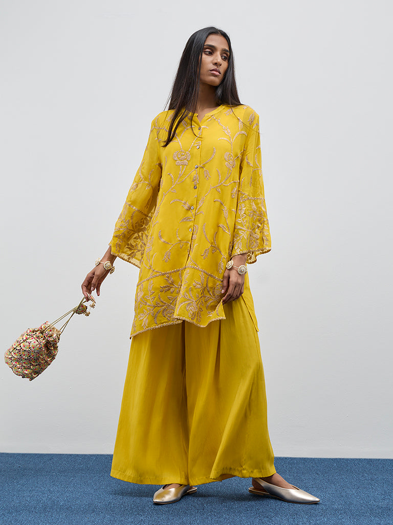 Vark Yellow Floral A-Line Kurti, Inner and Palazzos Set