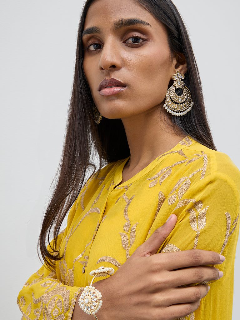 Vark Yellow Floral A-Line Kurti, Inner and Palazzos Set