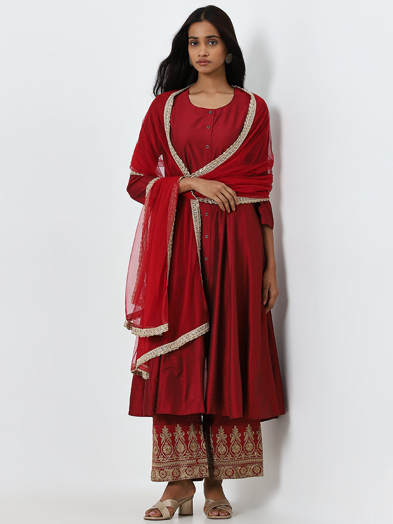 Vark Maroon Fit-and-Flare Kurta, Palazzos and Dupatta Set