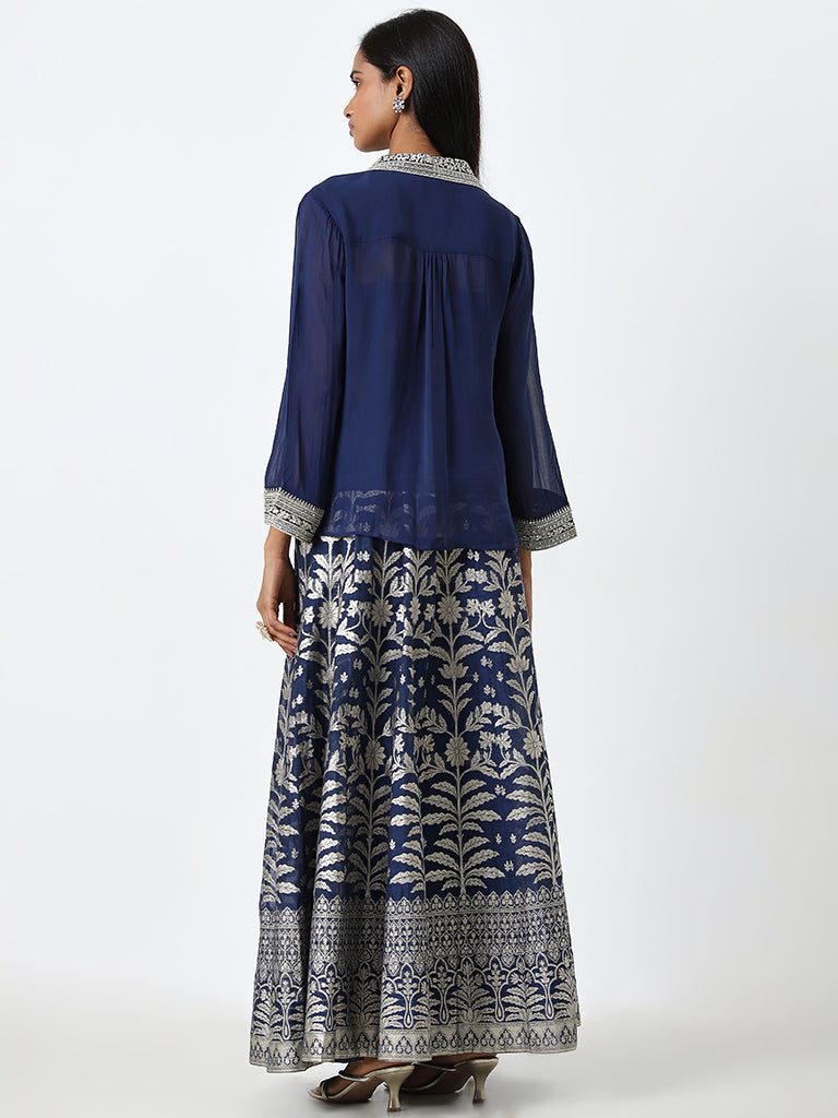 Vark Navy Embellished Shirt, Inner and Brocade Skirt Set