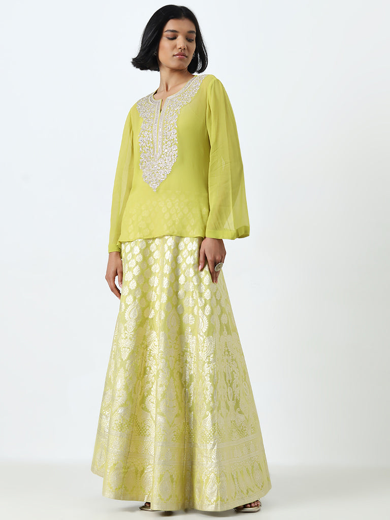 Vark Lime Embroidered Top with Inner and Brocade Skirt Set