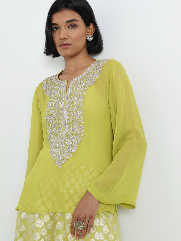 Vark Lime Embroidered Top with Inner and Brocade Skirt Set