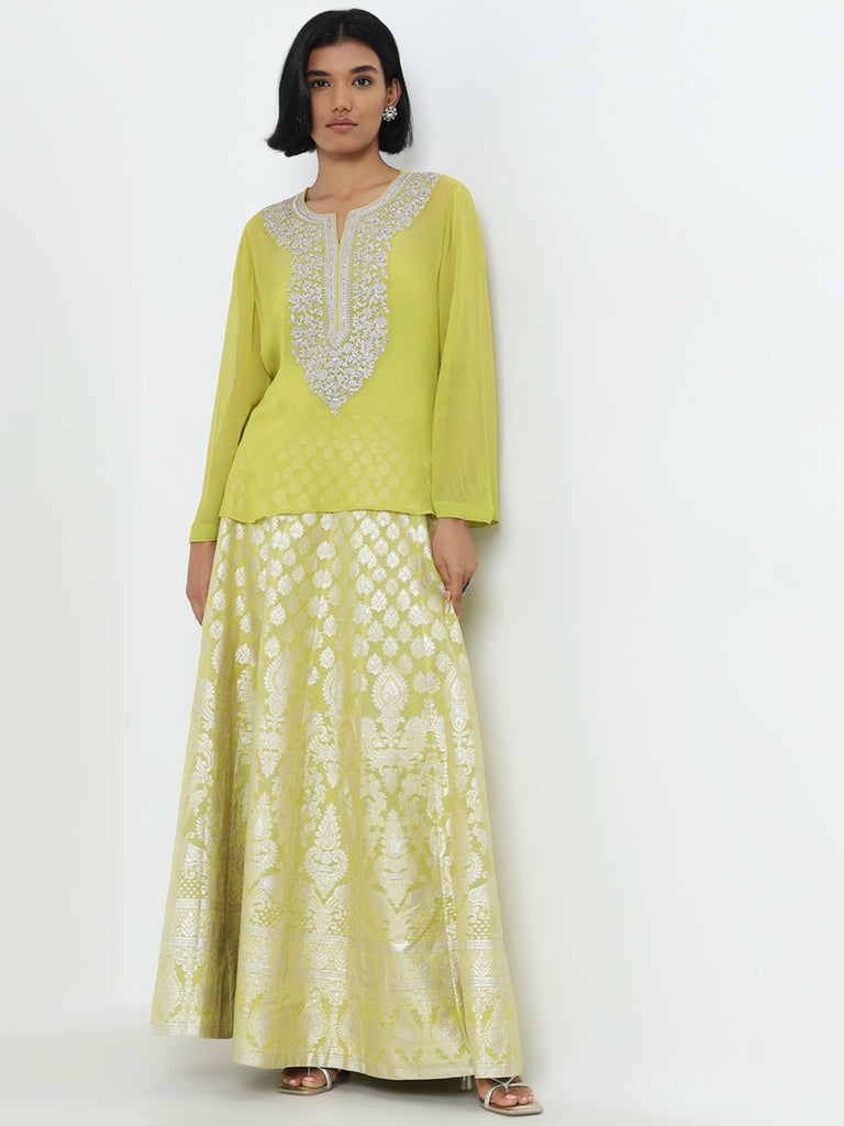 Vark Lime Embroidered Top with Inner and Brocade Skirt Set