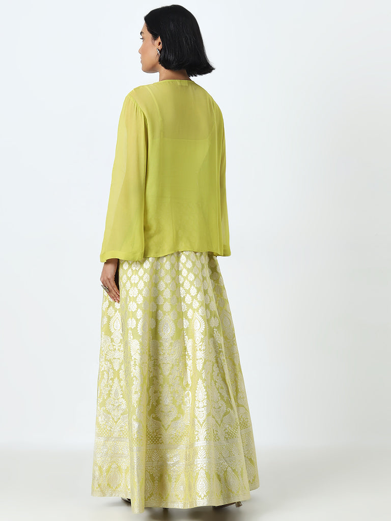 Vark Lime Embroidered Top with Inner and Brocade Skirt Set