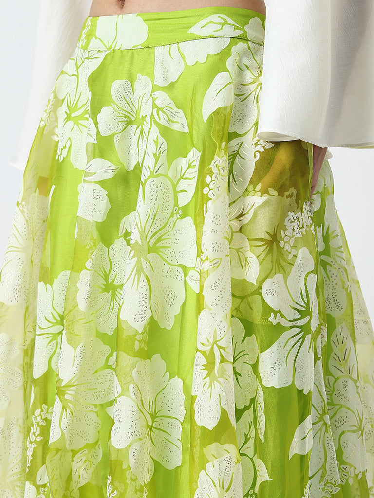 Vark Lime Floral Flared Skirt