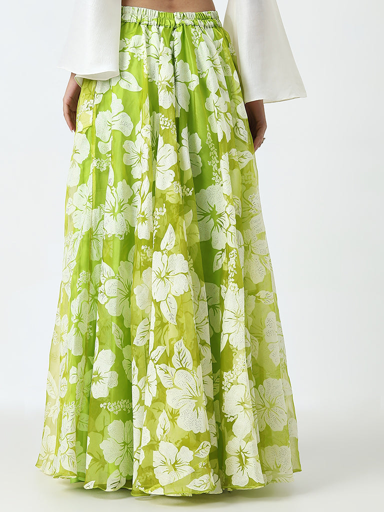 Vark Lime Floral Flared Skirt