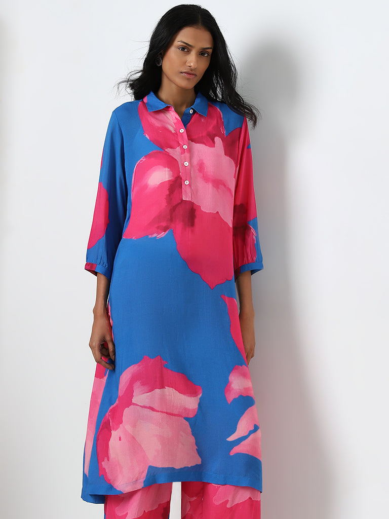 Utsa Blue Floral Printed Straight Kurta