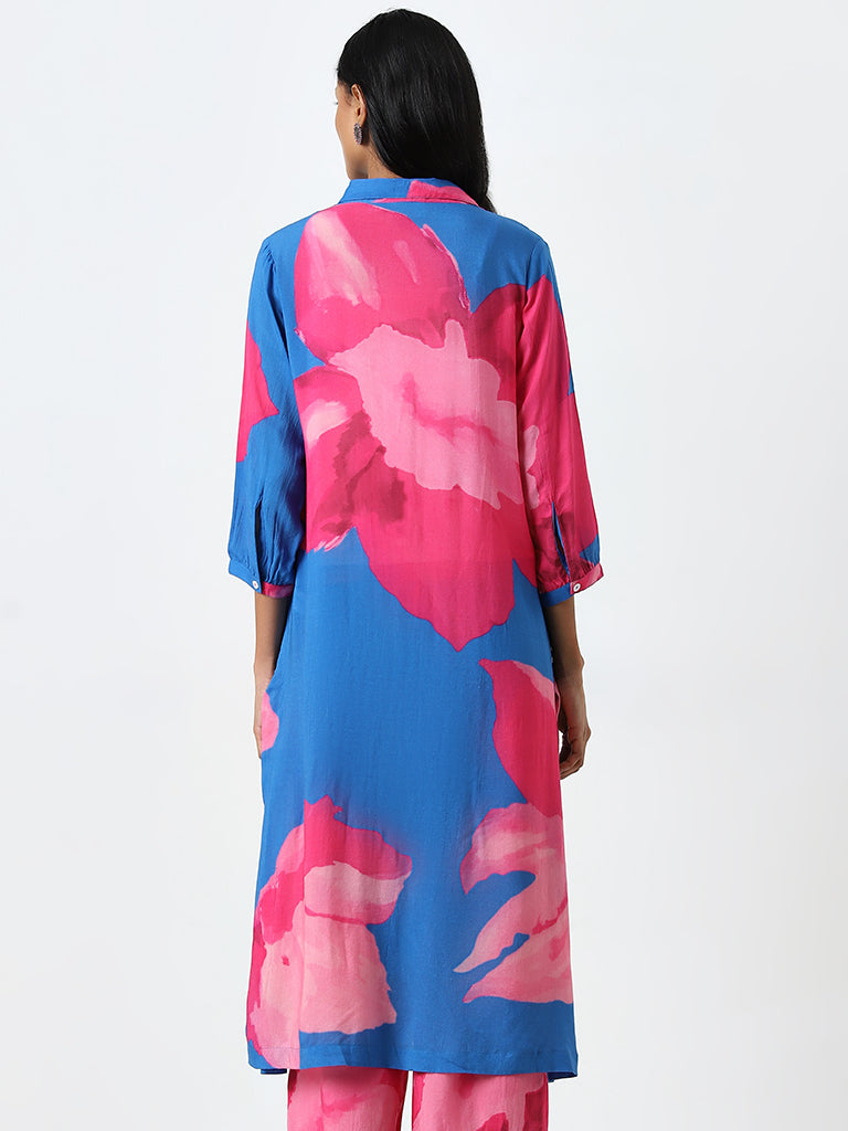 Utsa Blue Floral Printed Straight Kurta