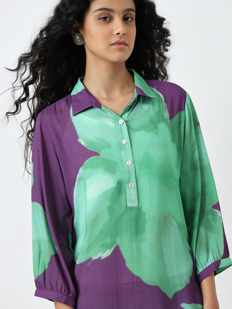 Utsa Green Floral A-Line Kurta