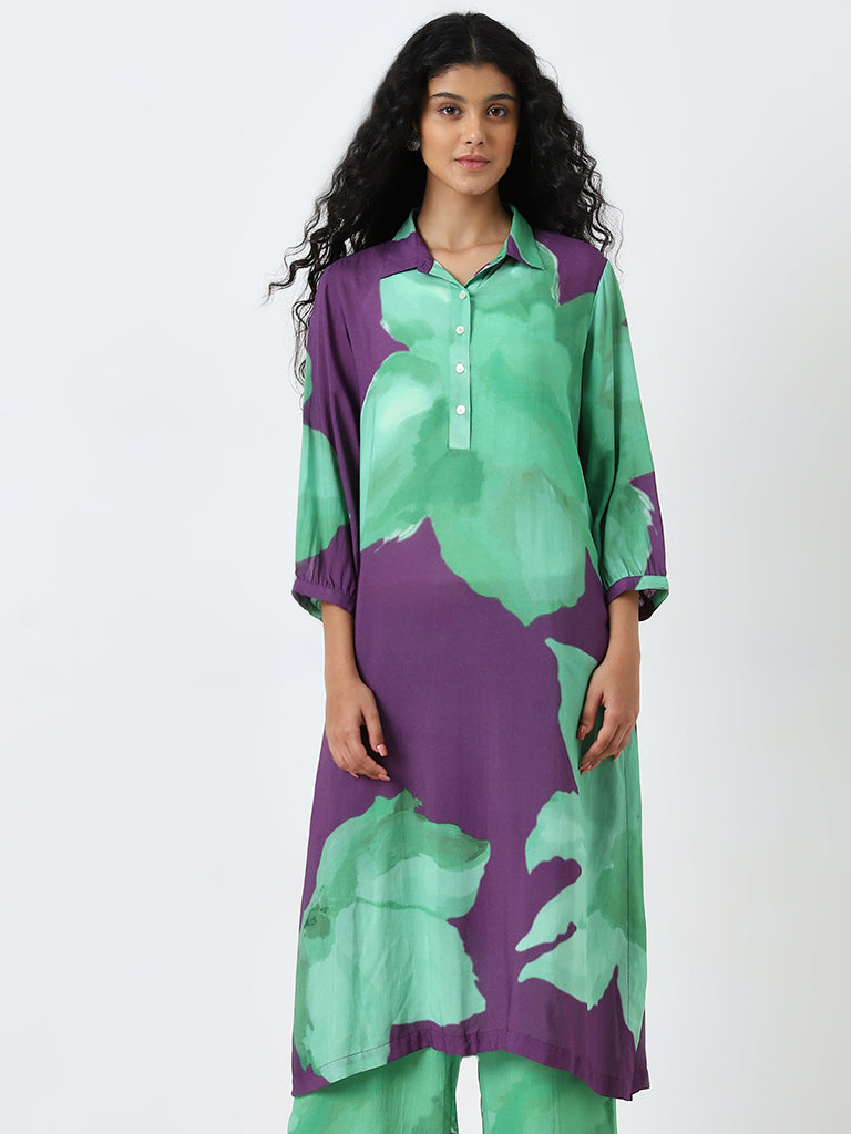 Utsa Green Floral A-Line Kurta