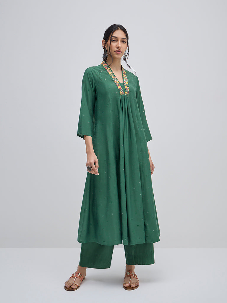 Utsa Dark Green High-Rise Ethnic Cotton Pants