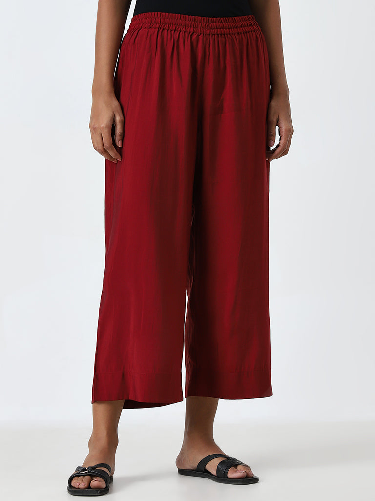 Utsa Maroon Solid High-Rise Ethnic Pants