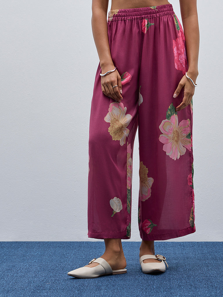 Utsa Maroon Floral Printed High-Rise Ethnic Pants