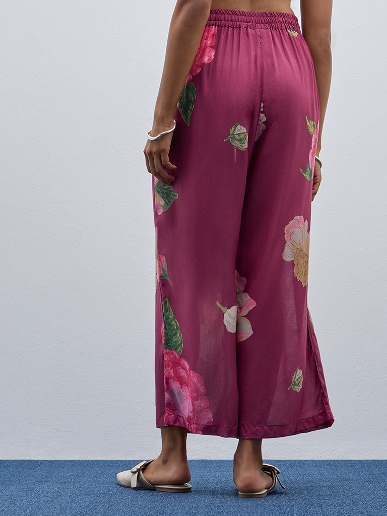 Utsa Maroon Floral Printed High-Rise Ethnic Pants