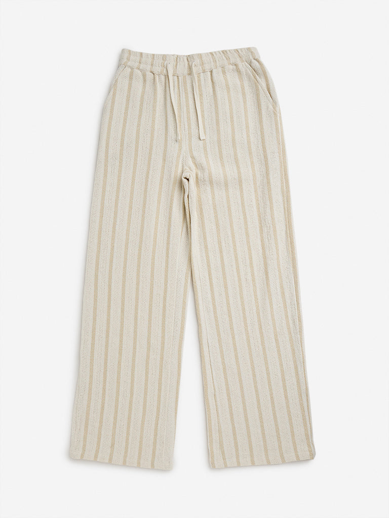 Y&F Kids Beige Striped High-Rise Cotton Blend Trousers