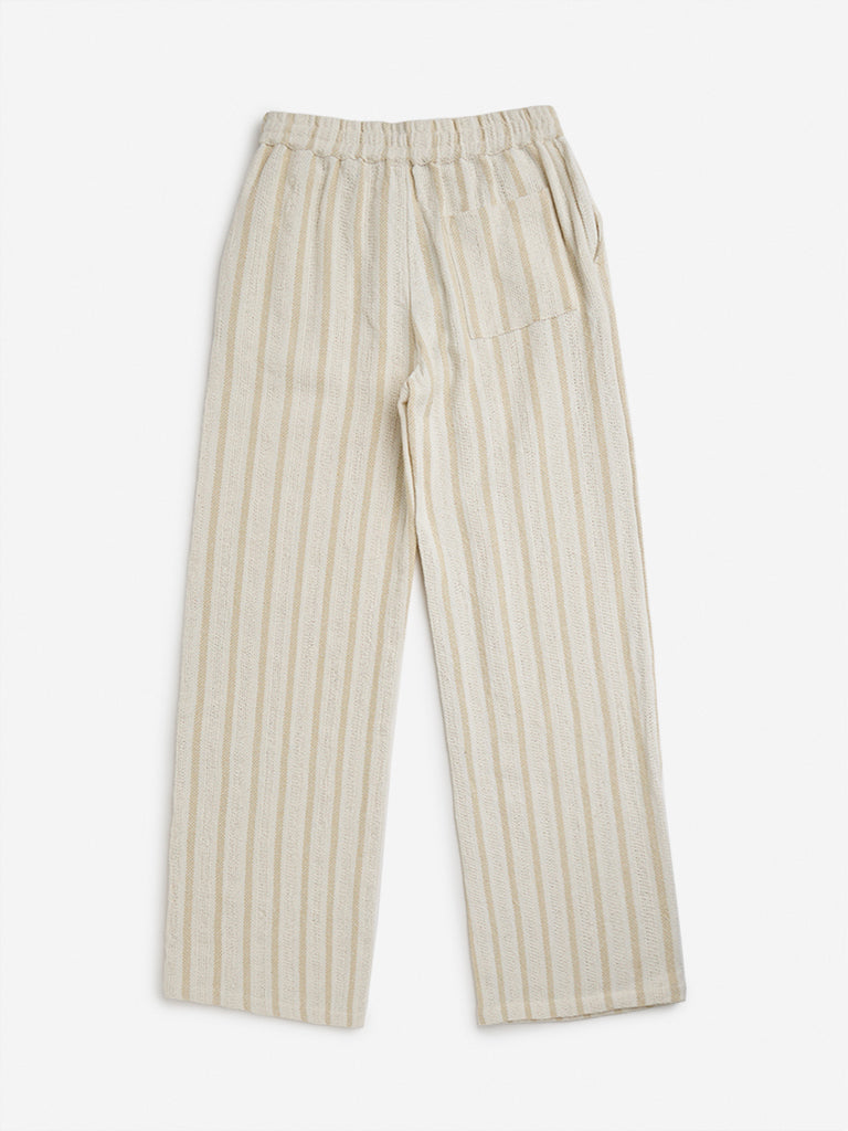 Y&F Kids Beige Striped High-Rise Cotton Blend Trousers