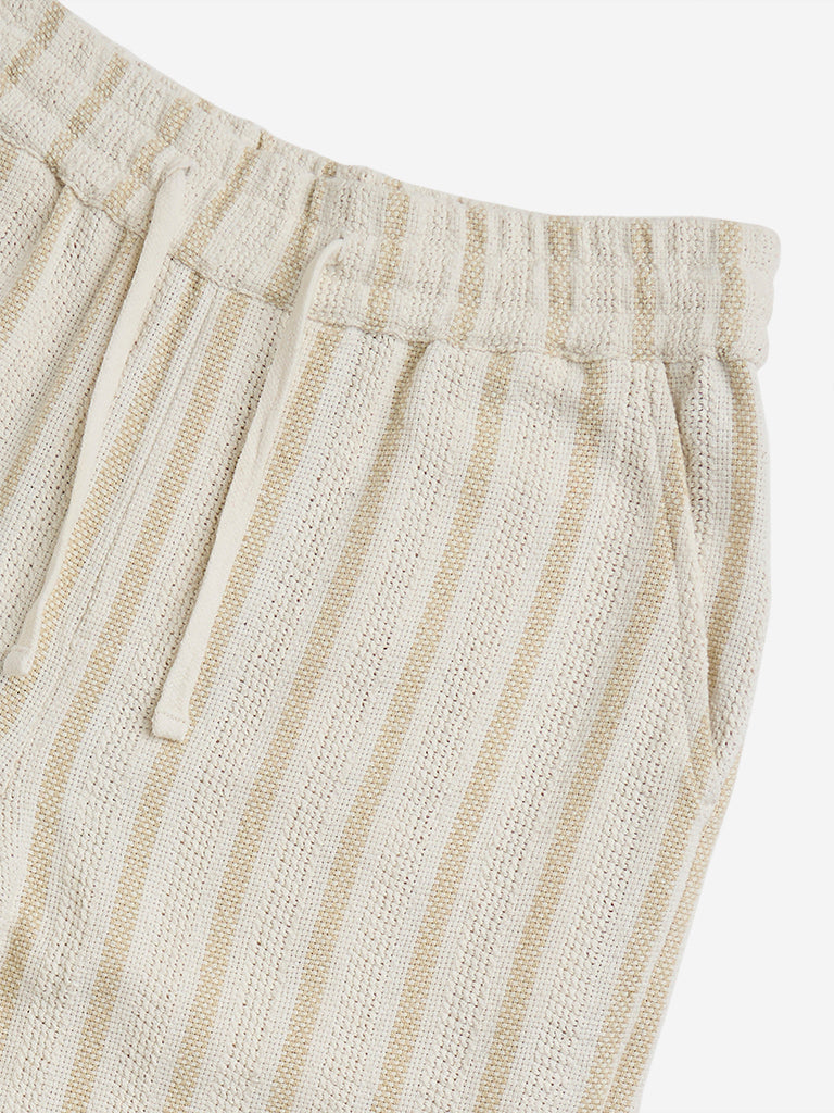 Y&F Kids Beige Striped High-Rise Cotton Blend Trousers