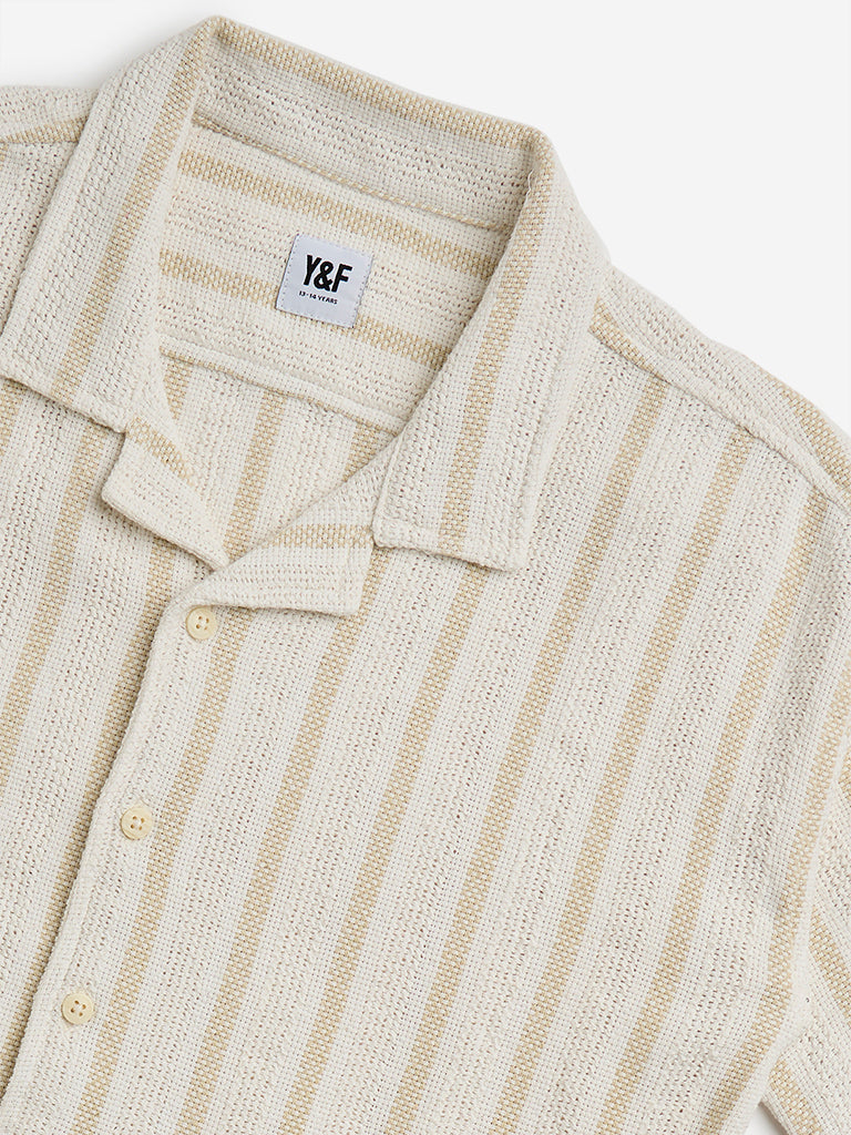 Y&F Kids Beige Striped Resort-Fit Cotton Blend Shirt