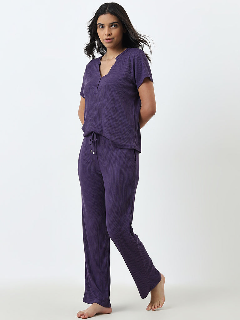 Wunderlove Purple Supersoft Modal Ribbed High-Rise Lounge Pants