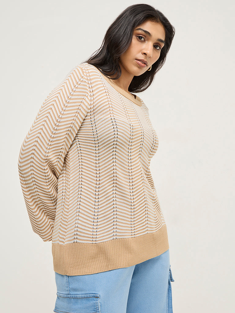 Gia Beige Chevron Textured Sweater