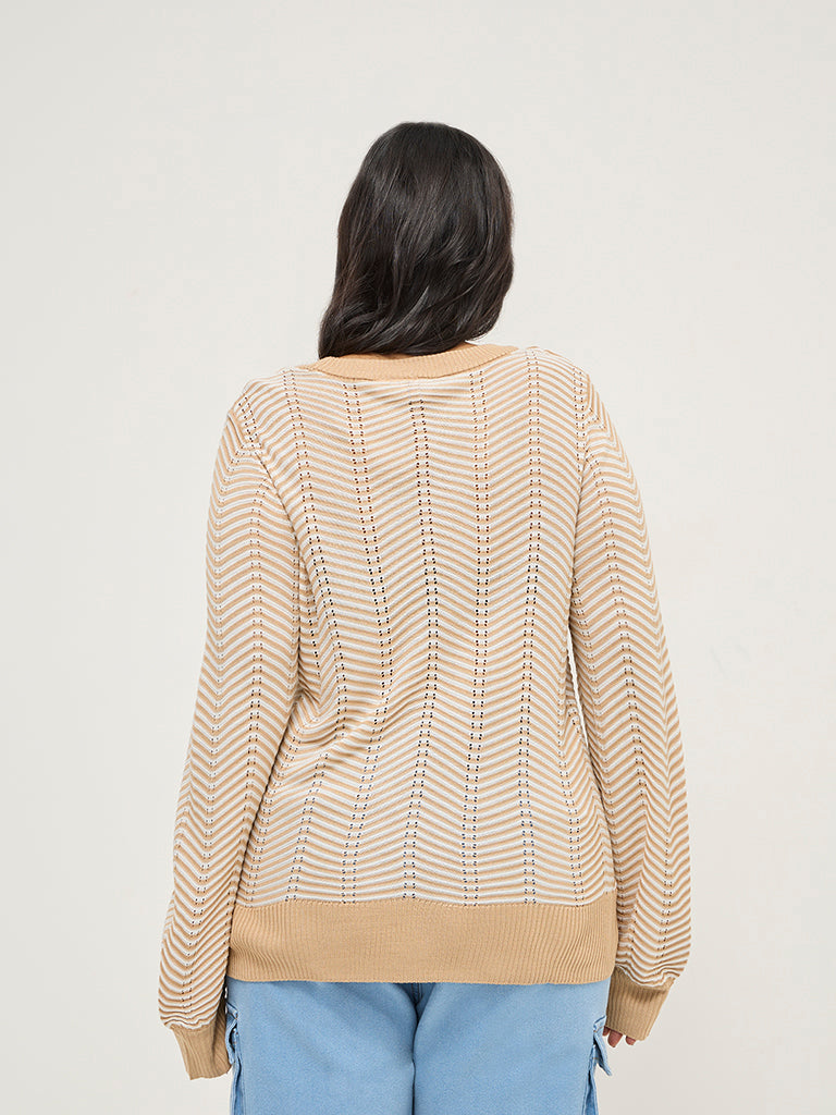 Gia Beige Chevron Textured Sweater