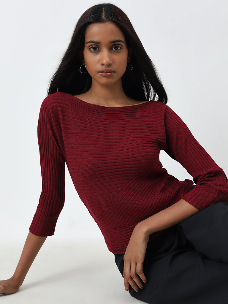 Wardrobe Maroon Ribbed Sweater