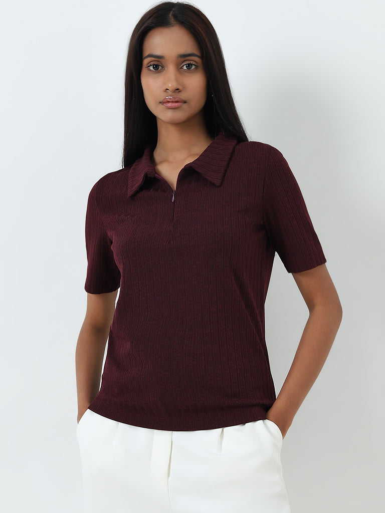 Wardrobe Burgundy Self-Striped Top