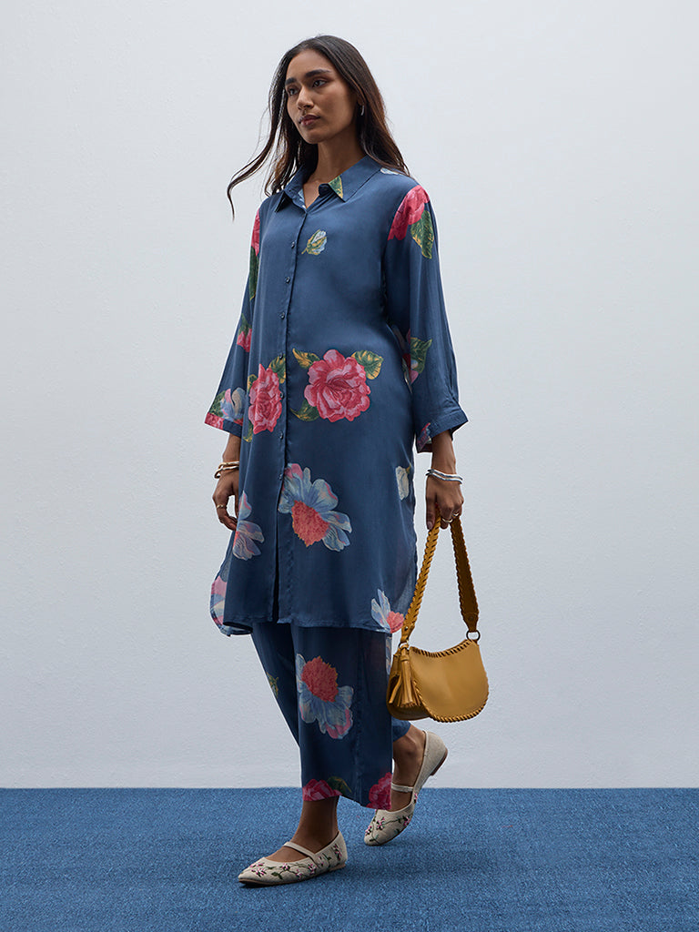 Utsa Indigo Floral Printed A-Line Kurta