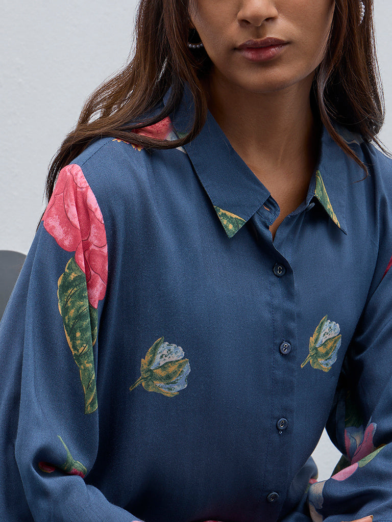 Utsa Indigo Floral Printed A-Line Kurta