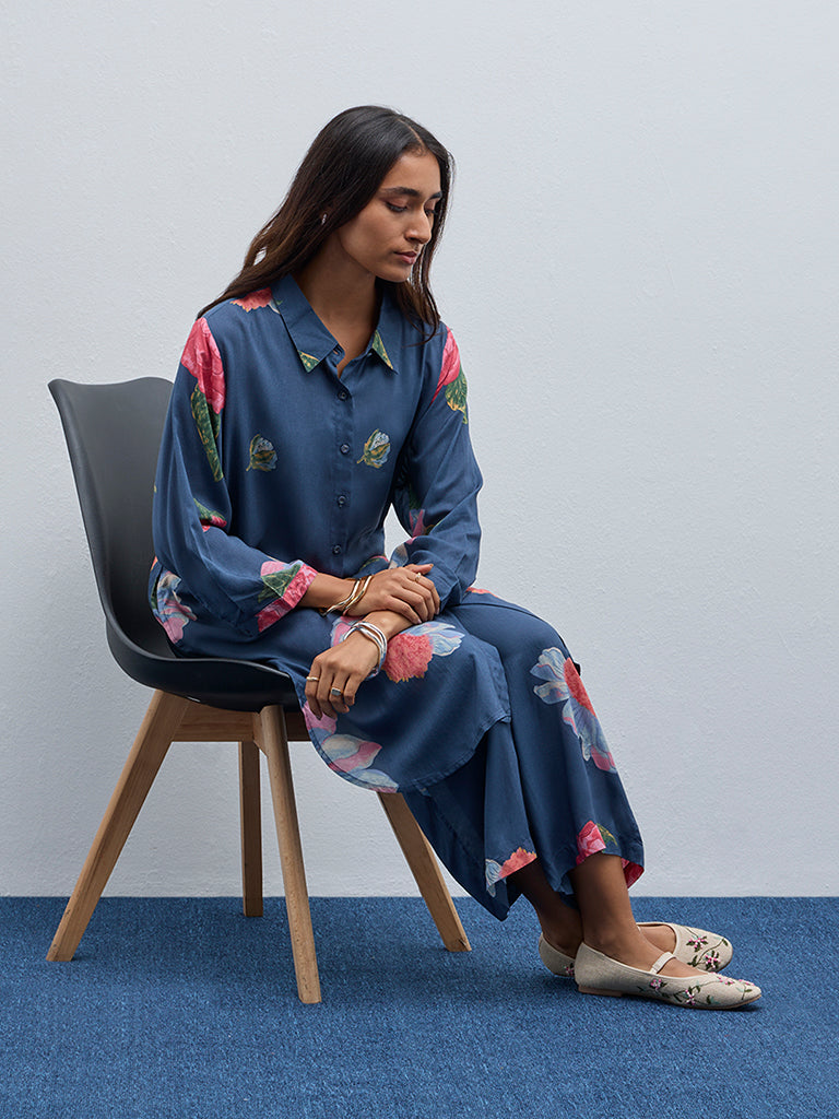 Utsa Indigo Floral Printed A-Line Kurta