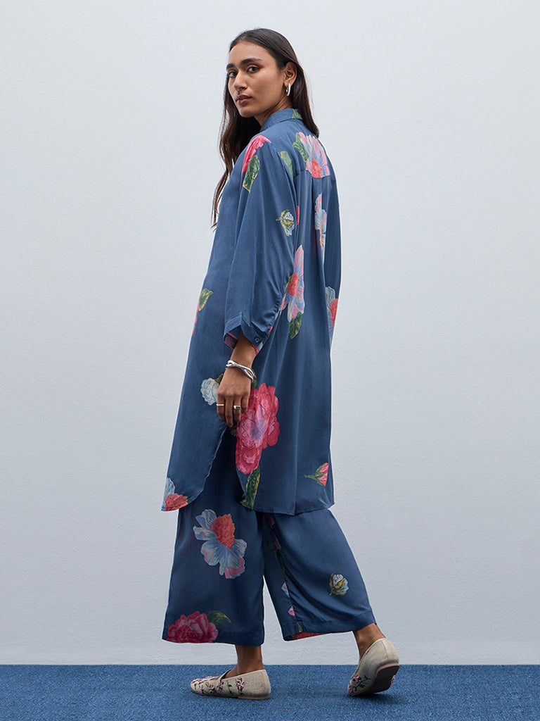 Utsa Indigo Floral Printed A-Line Kurta